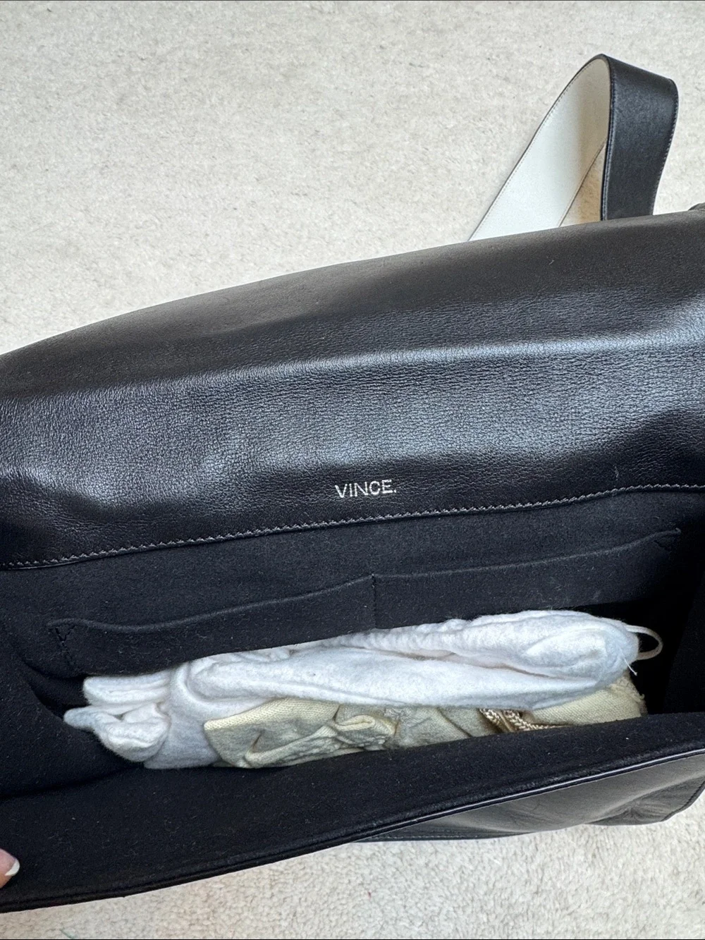 Vince Black Leather Crossbody Bag with Sculpted Gray Strap